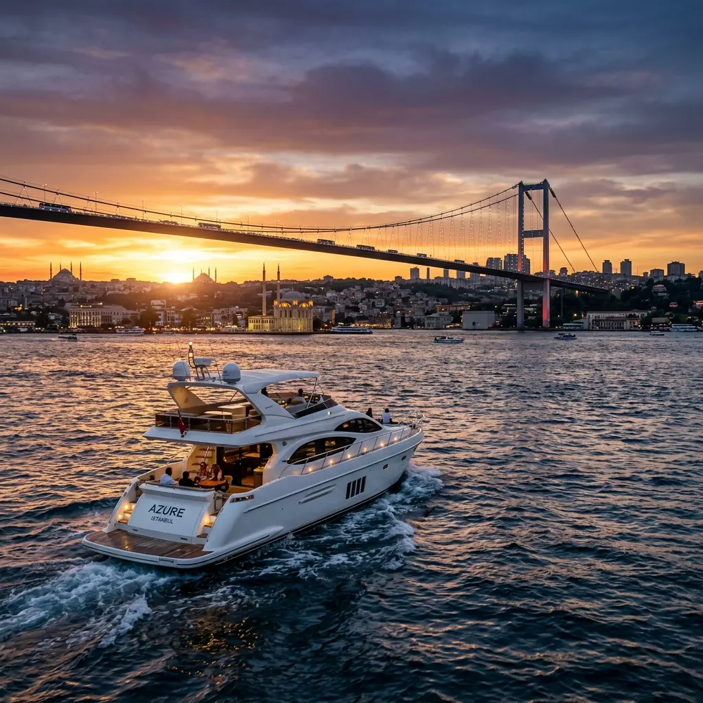 Lüks yat ve Boğaz Köprüsü manzarası